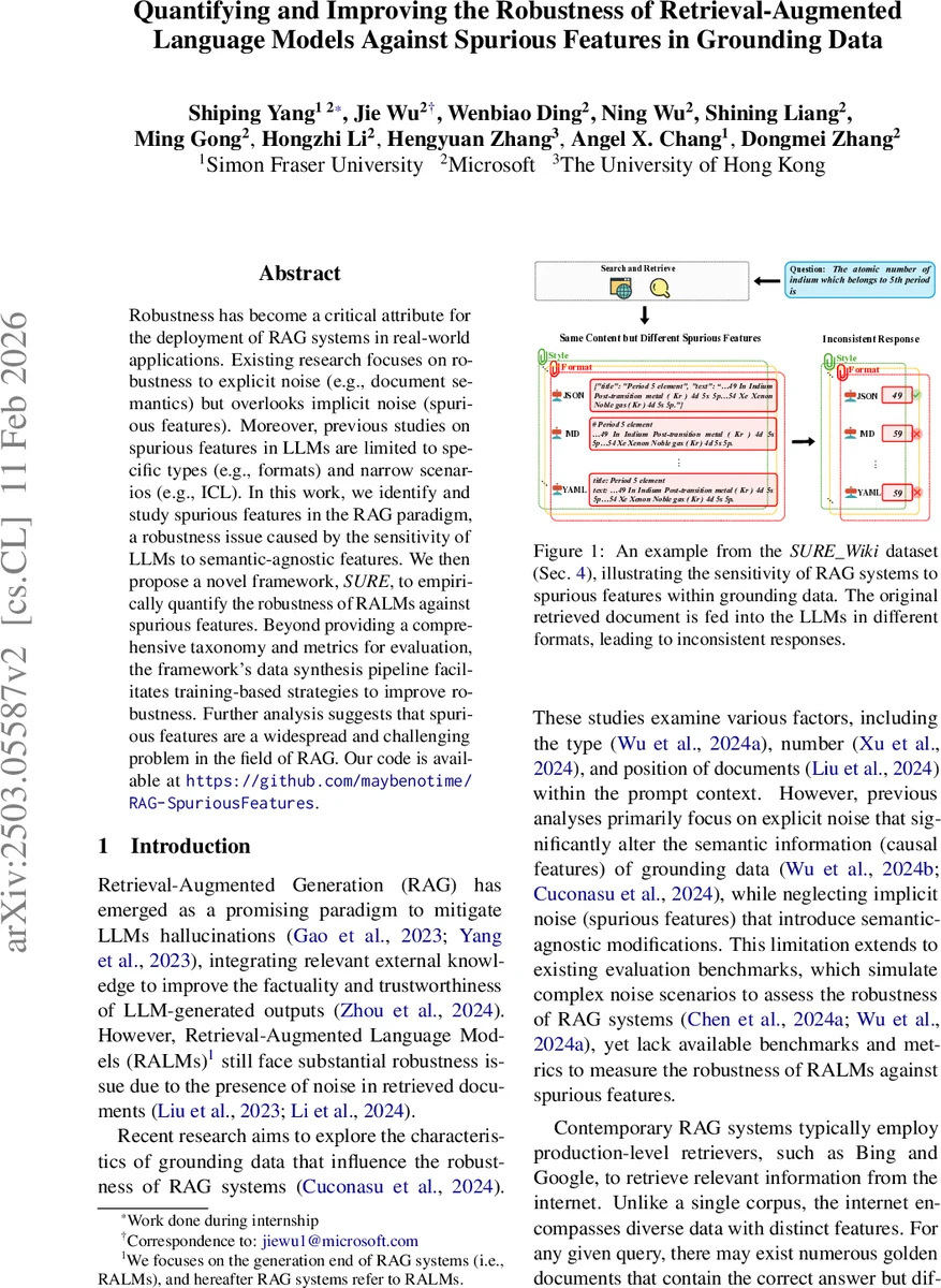 Quantifying and Improving the Robustness of Retrieval-Augmented Language Models Against Spurious Features in Grounding Data