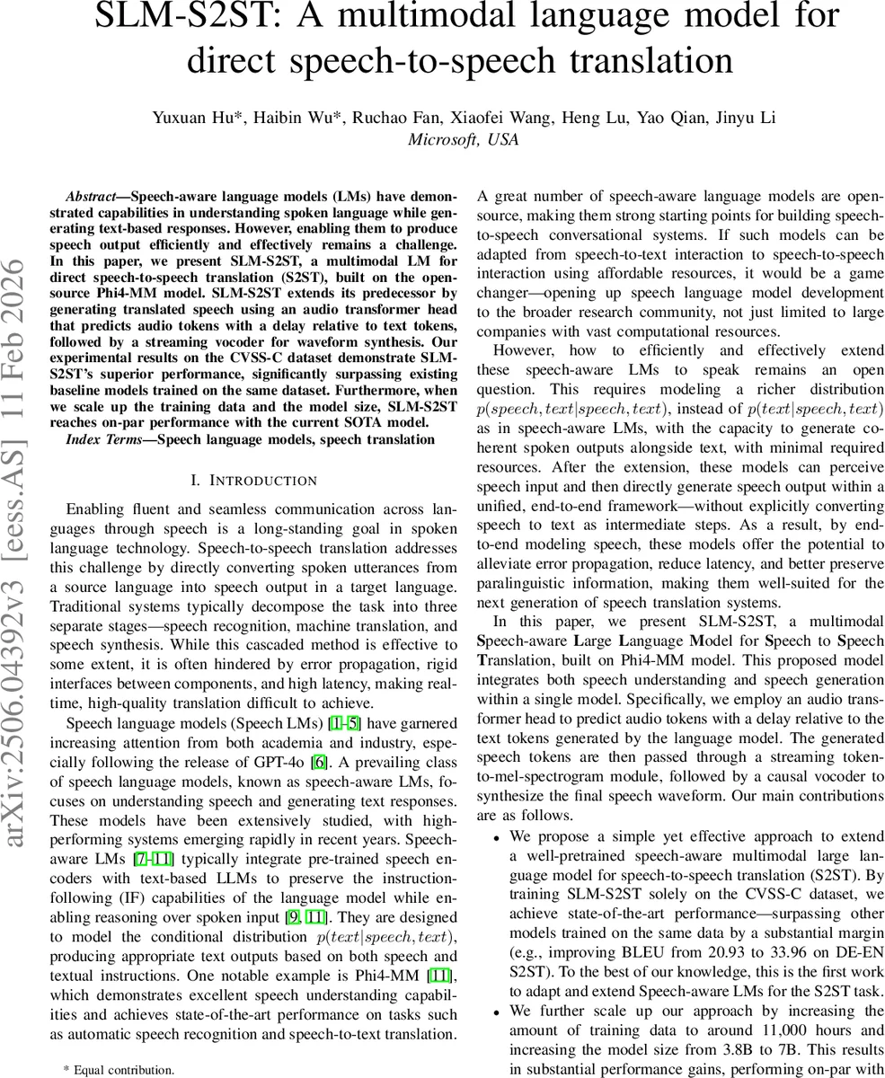 SLM-S2ST: A multimodal language model for direct speech-to-speech translation