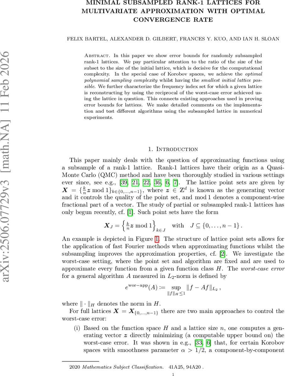 Minimal Subsampled Rank-1 Lattices for Multivariate Approximation with Optimal Convergence Rate