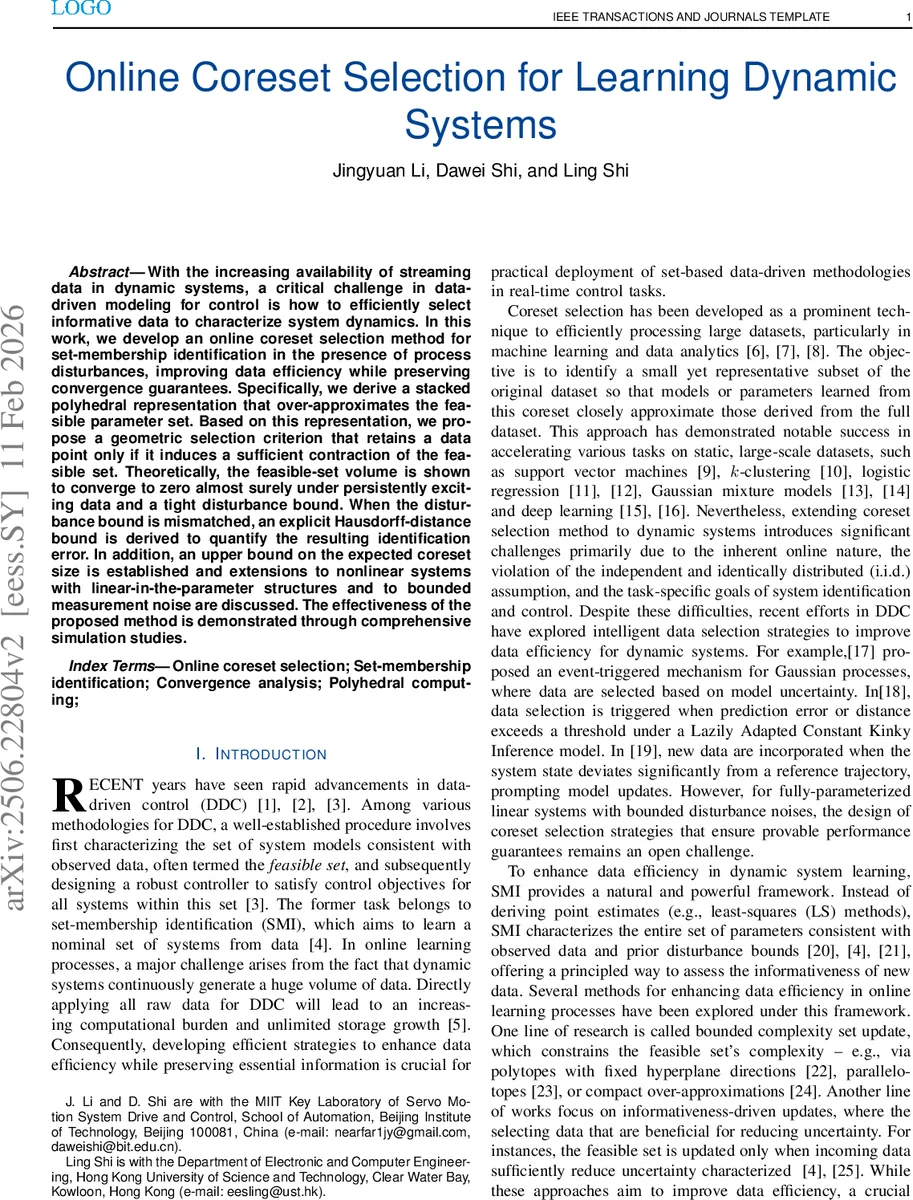 Online Coreset Selection for Learning Dynamic Systems