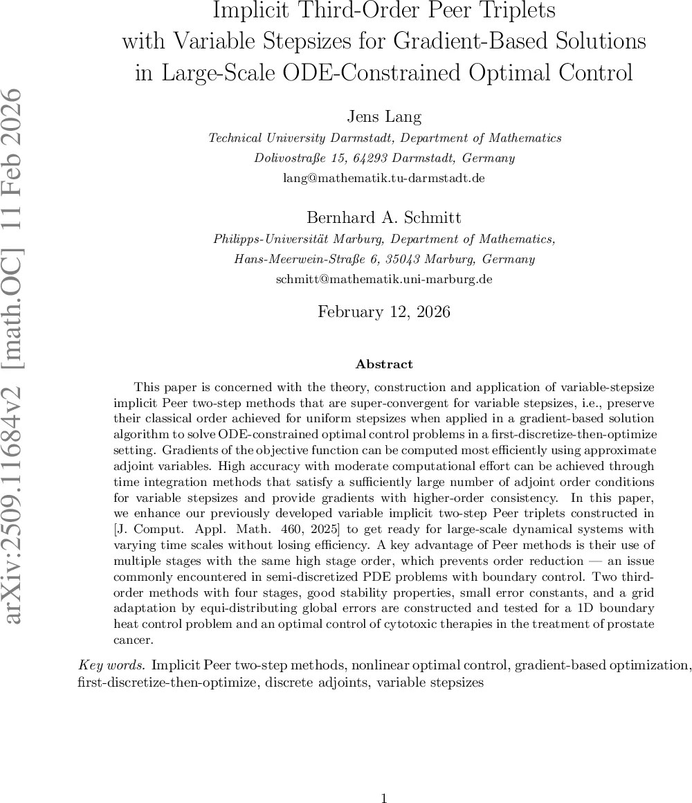 Implicit Third-Order Peer Triplets with Variable Stepsizes for Gradient-Based Solutions in Large-Scale ODE-Constrained Optimal Control