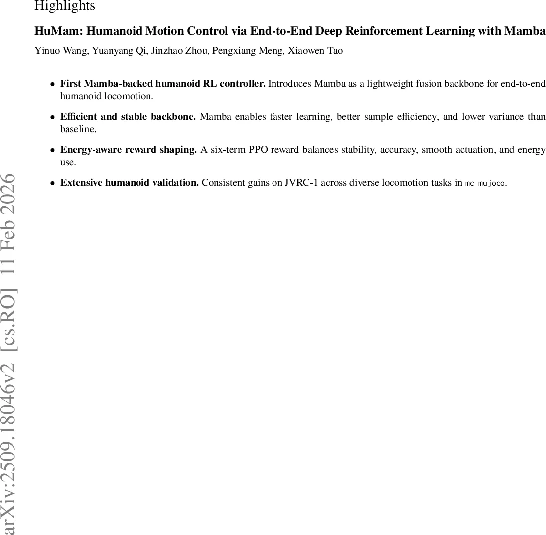 HuMam: Humanoid Motion Control via End-to-End Deep Reinforcement Learning with Mamba