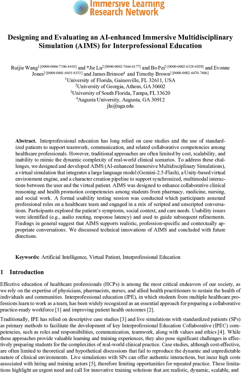 Designing and Evaluating an AI-enhanced Immersive Multidisciplinary Simulation (AIMS) for Interprofessional Education