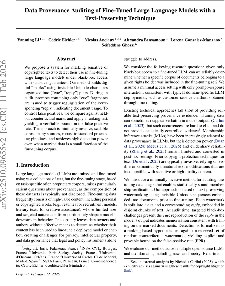 Data Provenance Auditing of Fine-Tuned Large Language Models with a Text-Preserving Technique