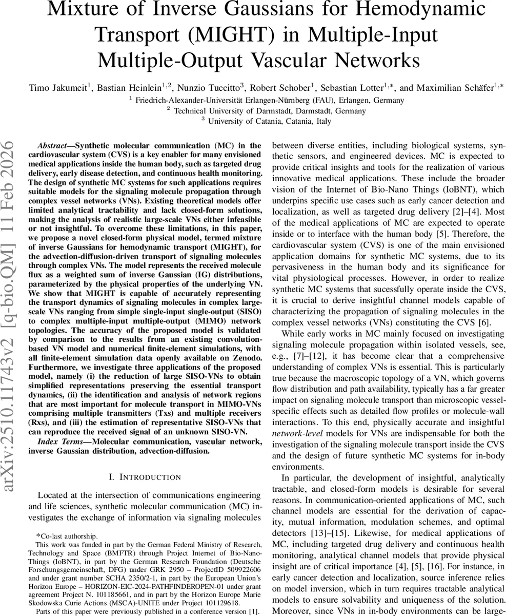 Mixture of Inverse Gaussians for Hemodynamic Transport (MIGHT) in Multiple-Input Multiple-Output Vascular Networks