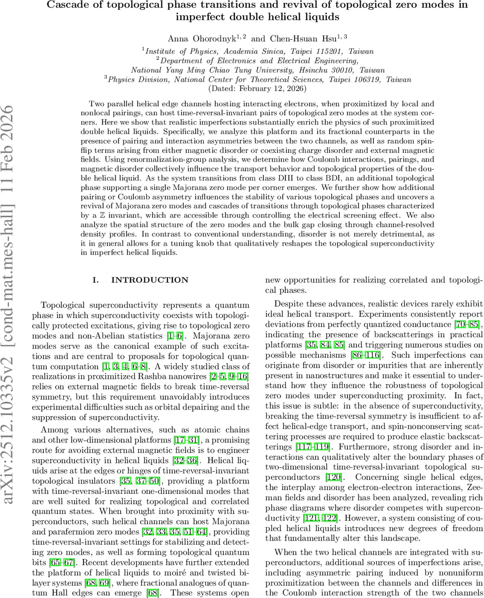 Cascade of topological phase transitions and revival of topological zero modes in imperfect double helical liquids