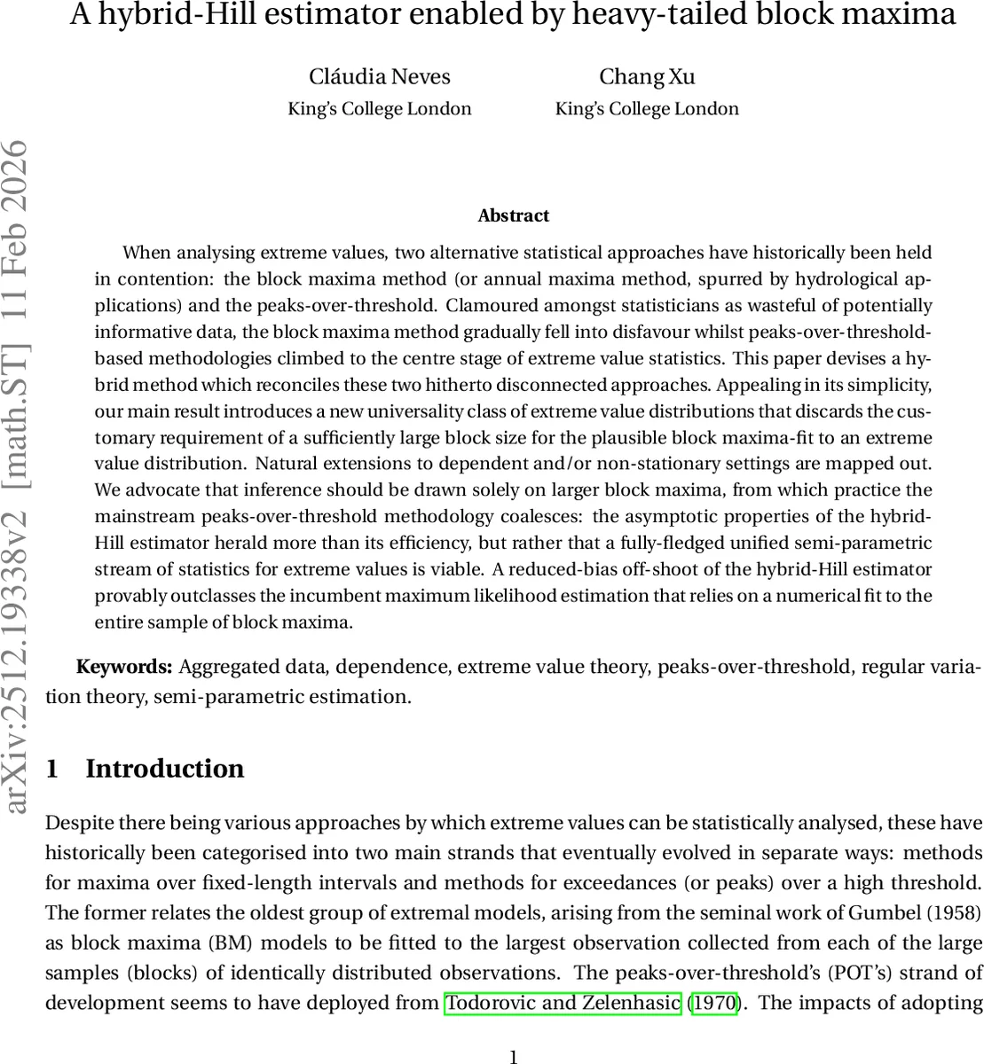 A hybrid-Hill estimator enabled by heavy-tailed block maxima