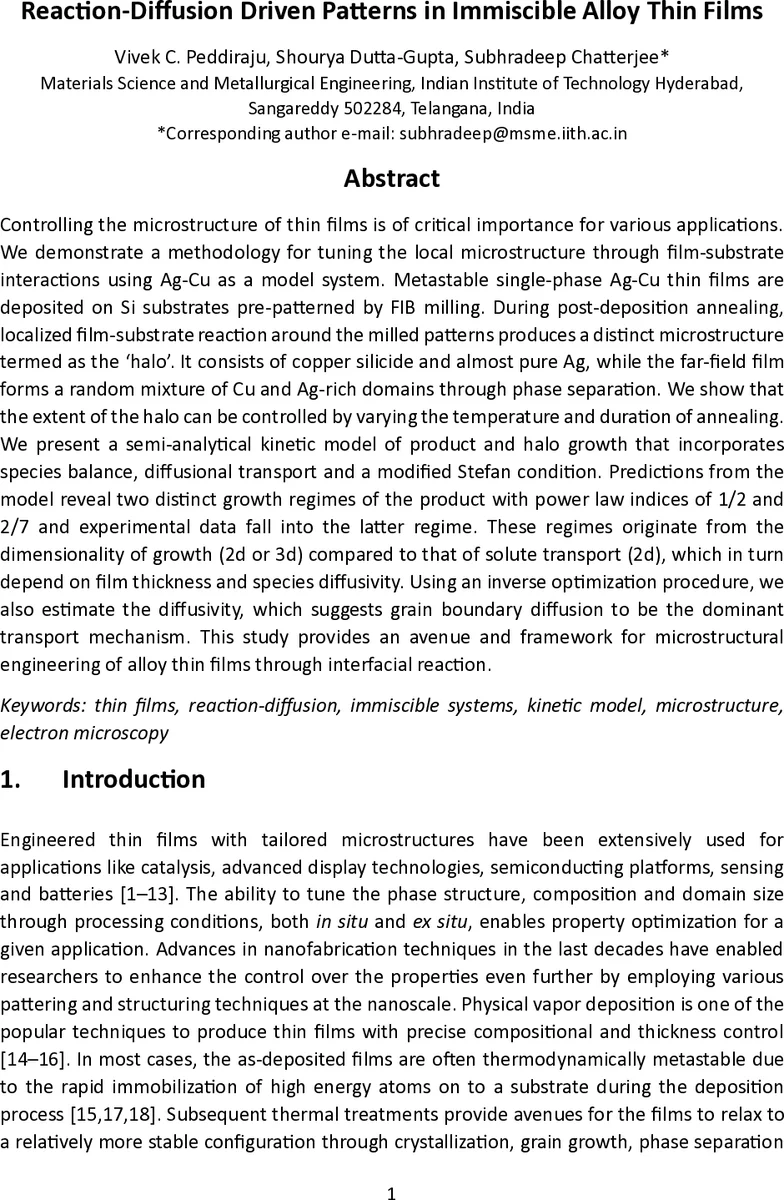 Reaction-Diffusion Driven Patterns in Immiscible Alloy Thin Films