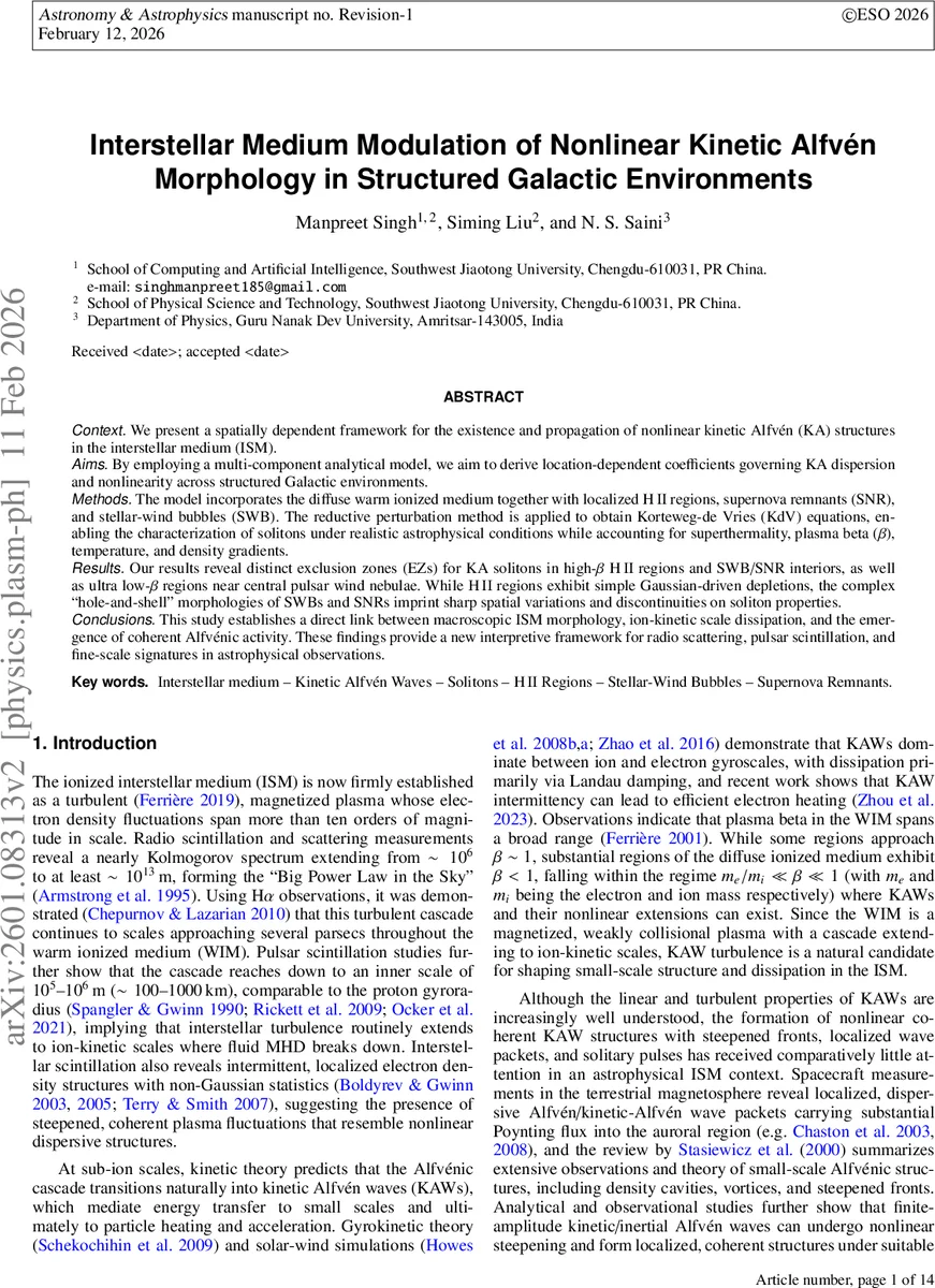Interstellar Medium Modulation of Nonlinear Kinetic Alfvén Morphology in Structured Galactic Environments