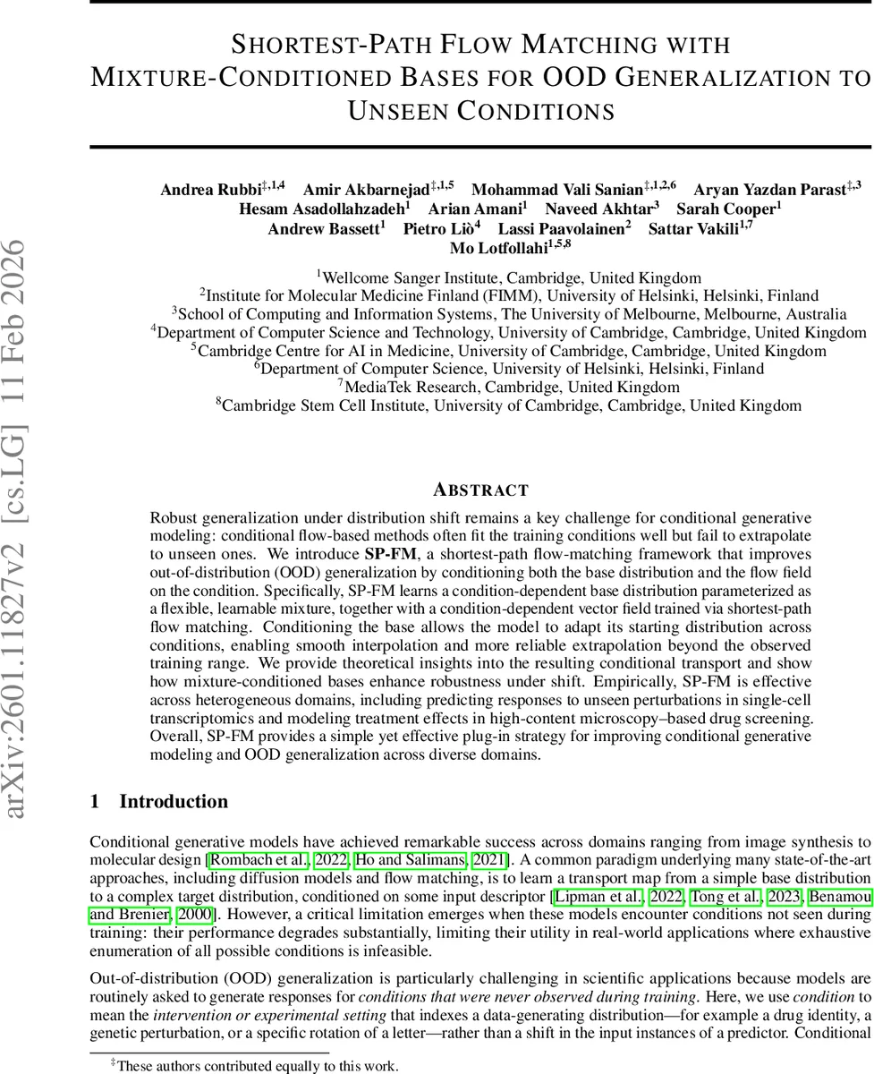 Shortest-Path Flow Matching with Mixture-Conditioned Bases for OOD Generalization to Unseen Conditions