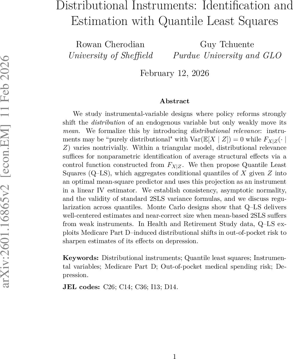 Distributional Instruments: Identification and Estimation with Quantile Least Squares