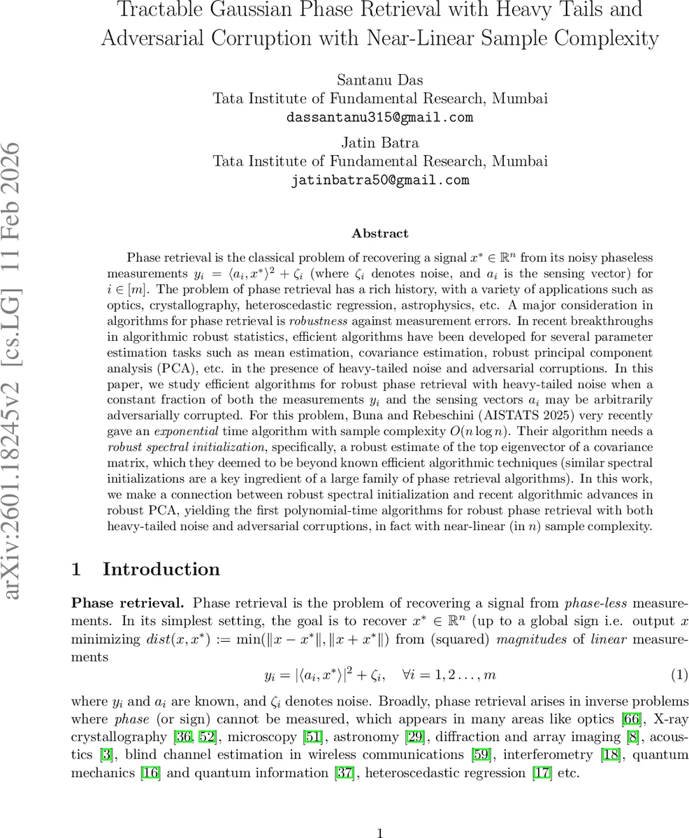 Tractable Gaussian Phase Retrieval with Heavy Tails and Adversarial Corruption with Near-Linear Sample Complexity
