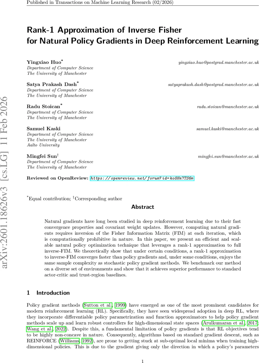 Rank-1 Approximation of Inverse Fisher for Natural Policy Gradients in Deep Reinforcement Learning