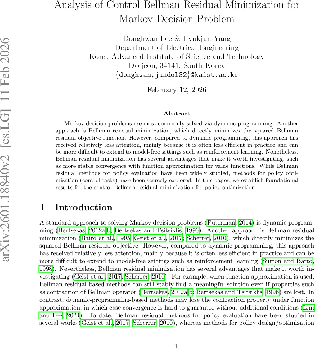 Analysis of Control Bellman Residual Minimization for Markov Decision Problem