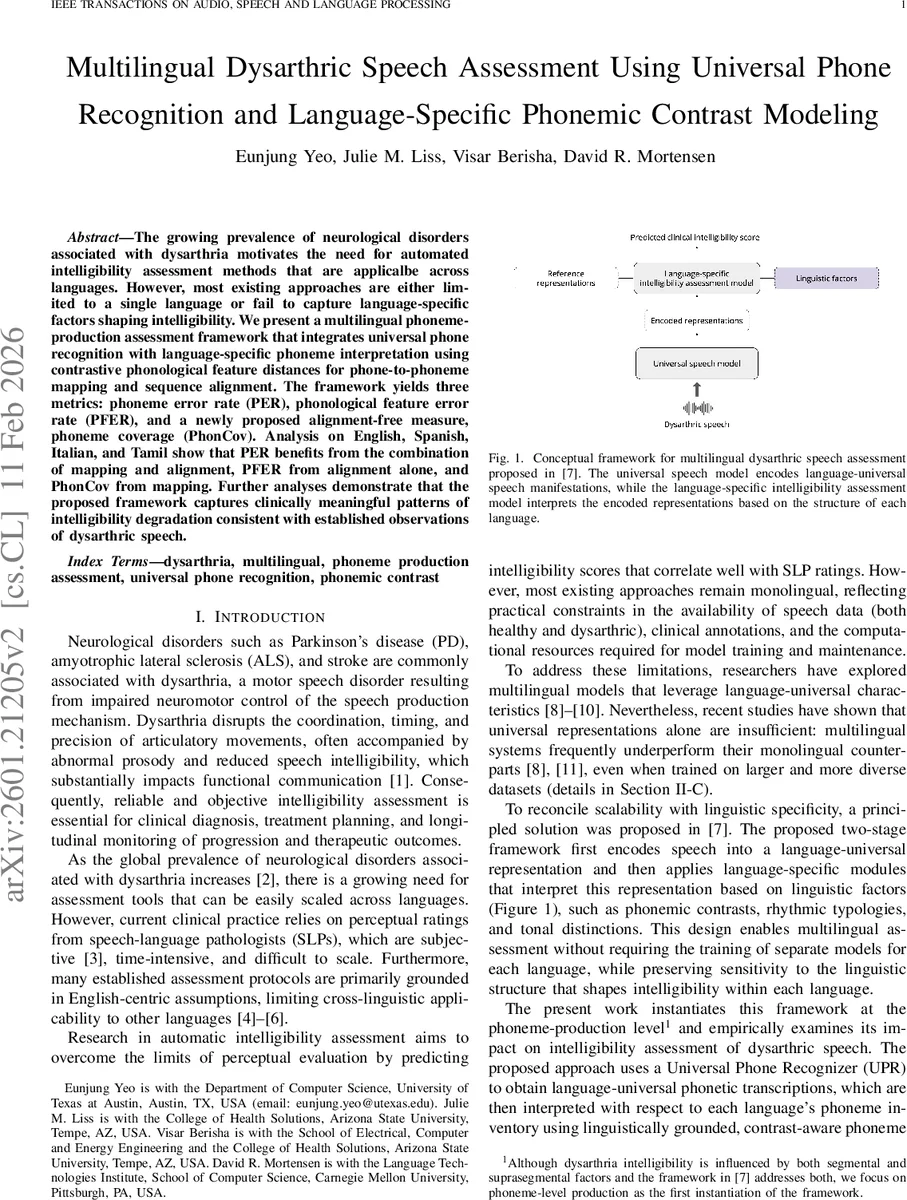Multilingual Dysarthric Speech Assessment Using Universal Phone Recognition and Language-Specific Phonemic Contrast Modeling