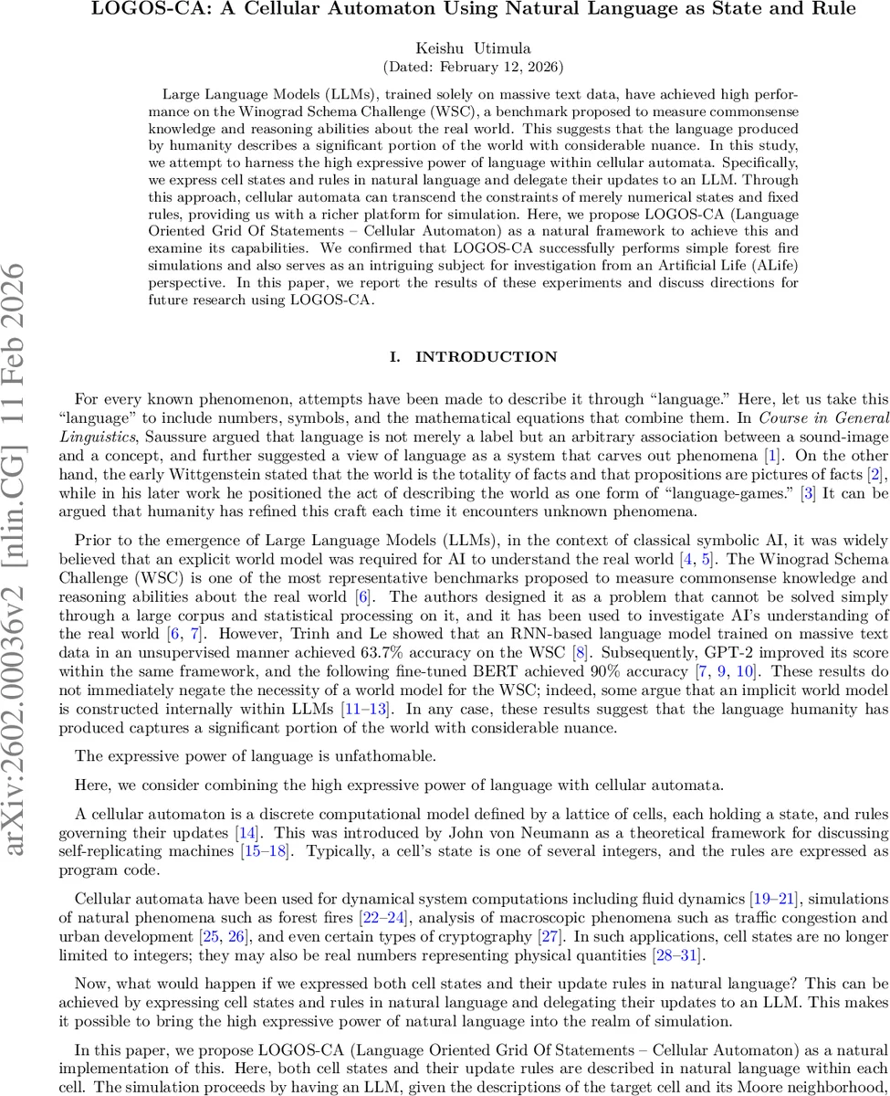 LOGOS-CA: A Cellular Automaton Using Natural Language as State and Rule