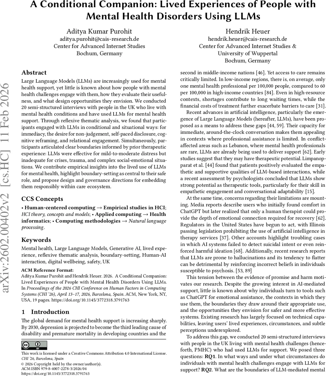 A Conditional Companion: Lived Experiences of People with Mental Health Disorders Using LLMs