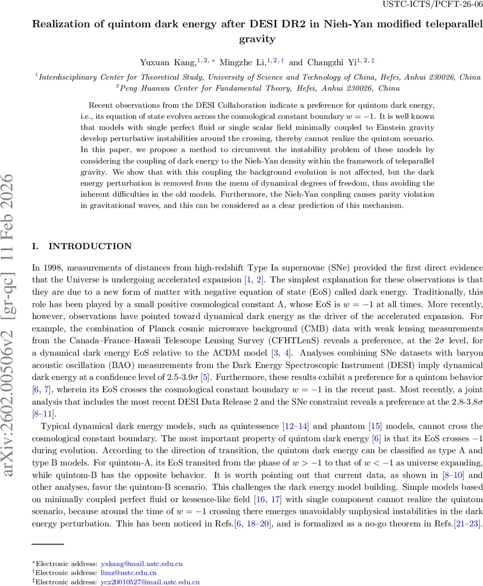 Realization of quintom dark energy after DESI DR2 in Nieh-Yan modified teleparallel gravity