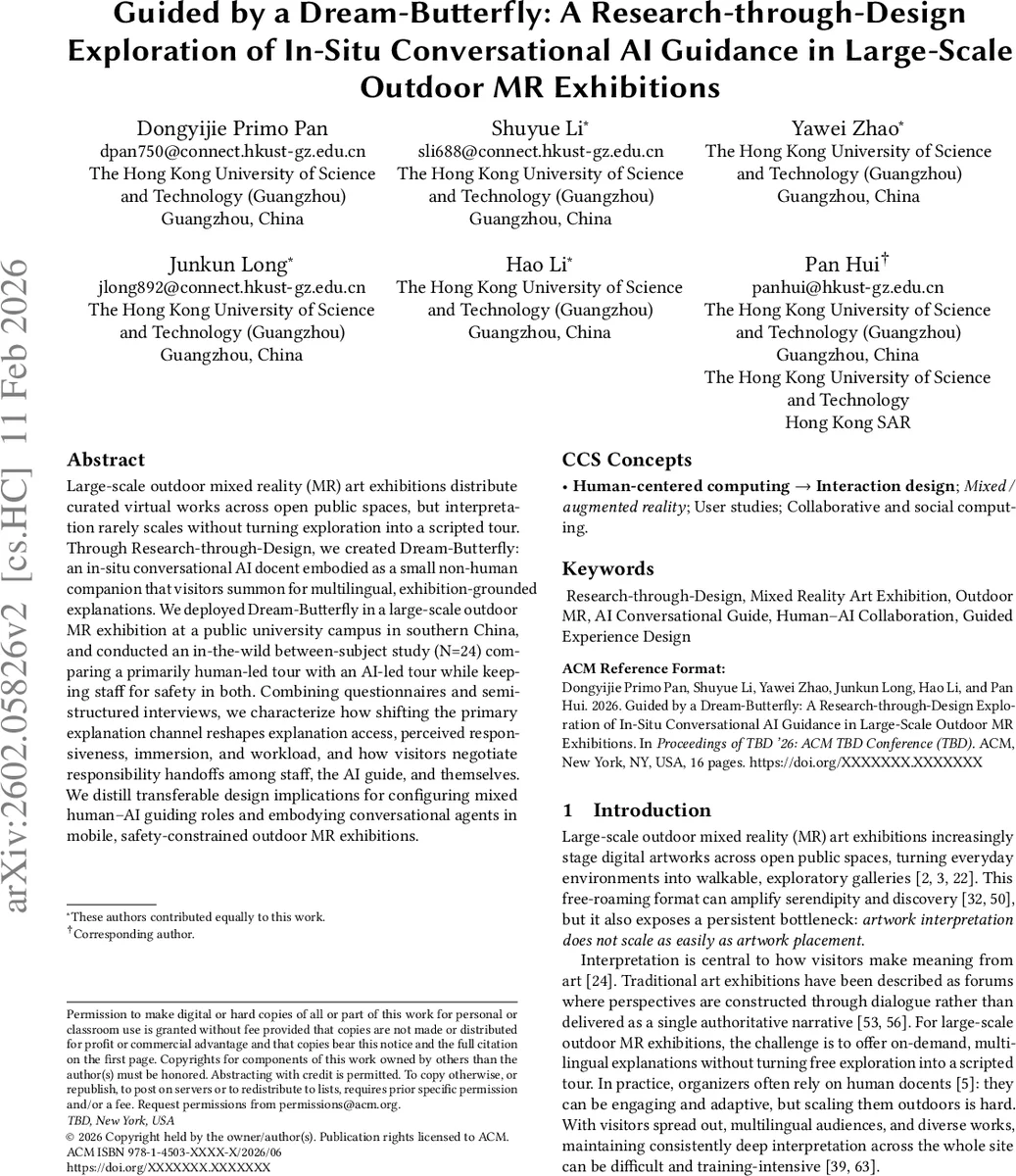 Whispers of the Butterfly: A Research-through-Design Exploration of In-Situ Conversational AI Guidance in Large-Scale Outdoor MR Exhibitions
