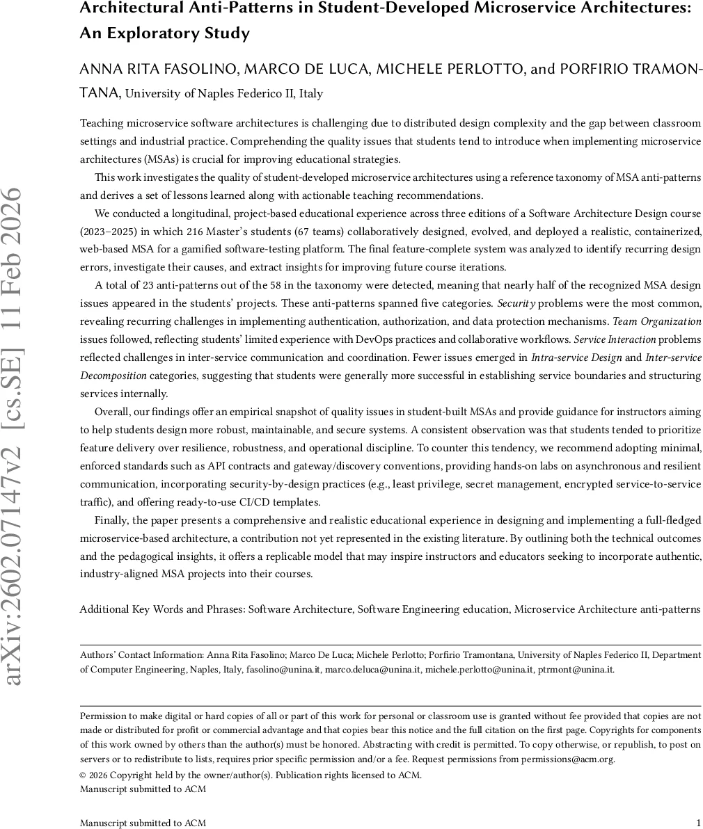 Architectural Anti-Patterns in Student-Developed Microservice Architectures: An Exploratory Study