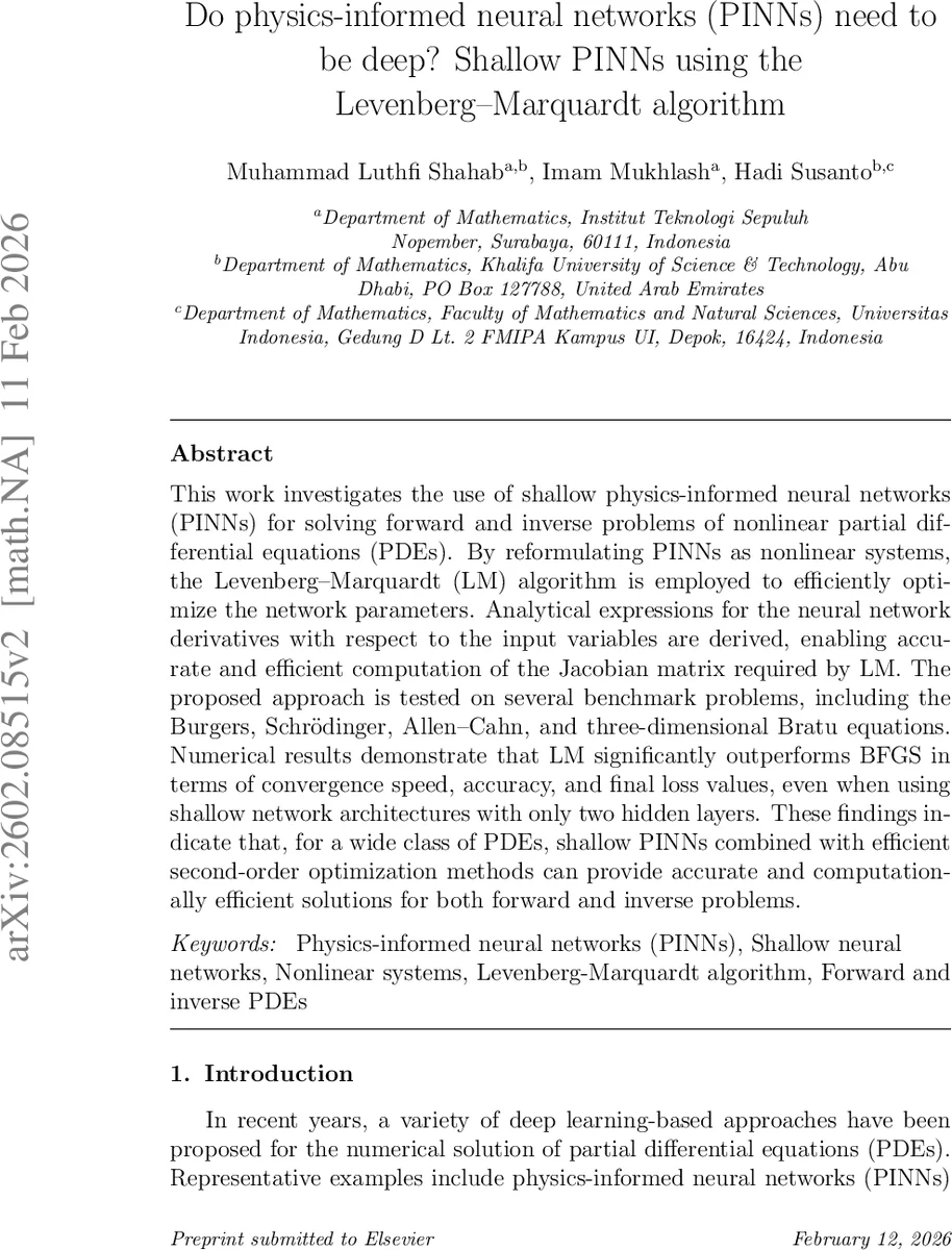 Do physics-informed neural networks (PINNs) need to be deep? Shallow PINNs using the Levenberg-Marquardt algorithm