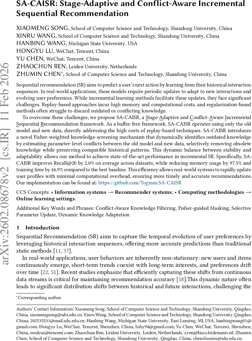 SA-CAISR: Stage-Adaptive and Conflict-Aware Incremental Sequential Recommendation