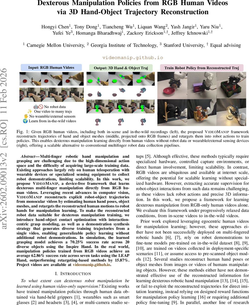 Dexterous Manipulation Policies from RGB Human Videos via 3D Hand-Object Trajectory Reconstruction