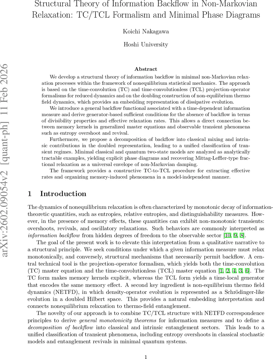 Structural Theory of Information Backflow in Non-Markovian Relaxation: TC/TCL Formalism and Minimal Phase Diagrams