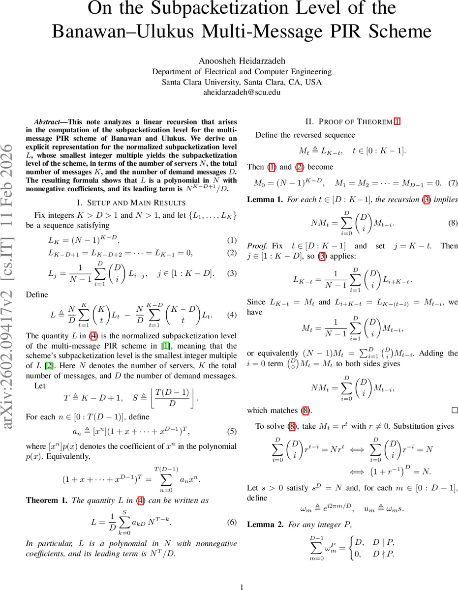On the Subpacketization Level of the Banawan-Ulukus Multi-Message PIR Scheme