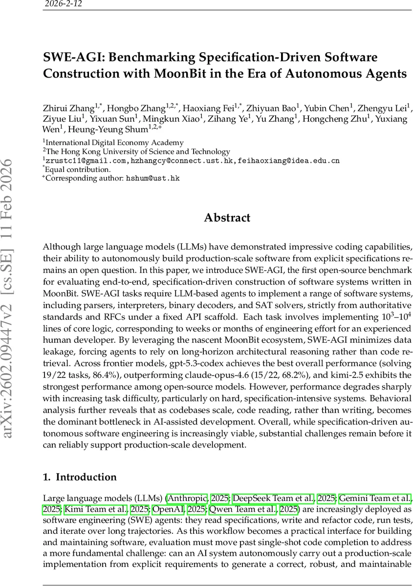 SWE-AGI: Benchmarking Specification-Driven Software Construction with MoonBit in the Era of Autonomous Agents