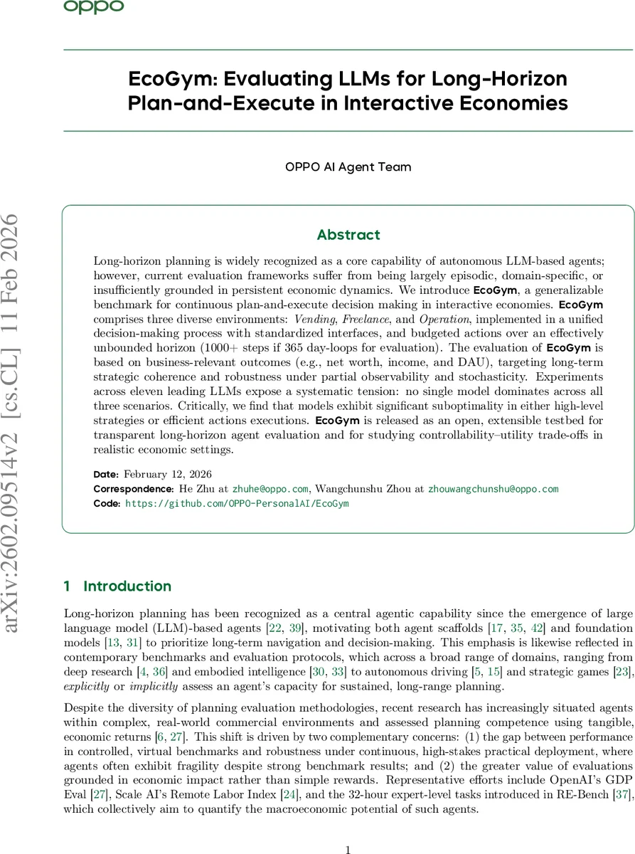 EcoGym: Evaluating LLMs for Long-Horizon Plan-and-Execute in Interactive Economies