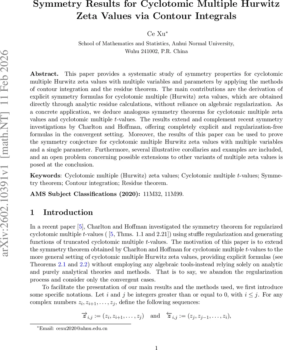 Symmetry Results for Cyclotomic Multiple Hurwitz Zeta Values via Contour Integrals