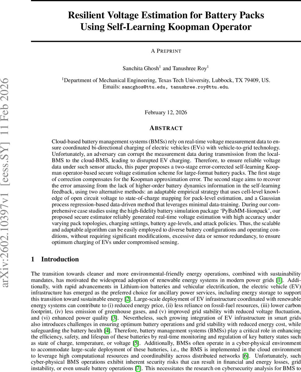 Resilient Voltage Estimation for Battery Packs Using Self-Learning Koopman Operator