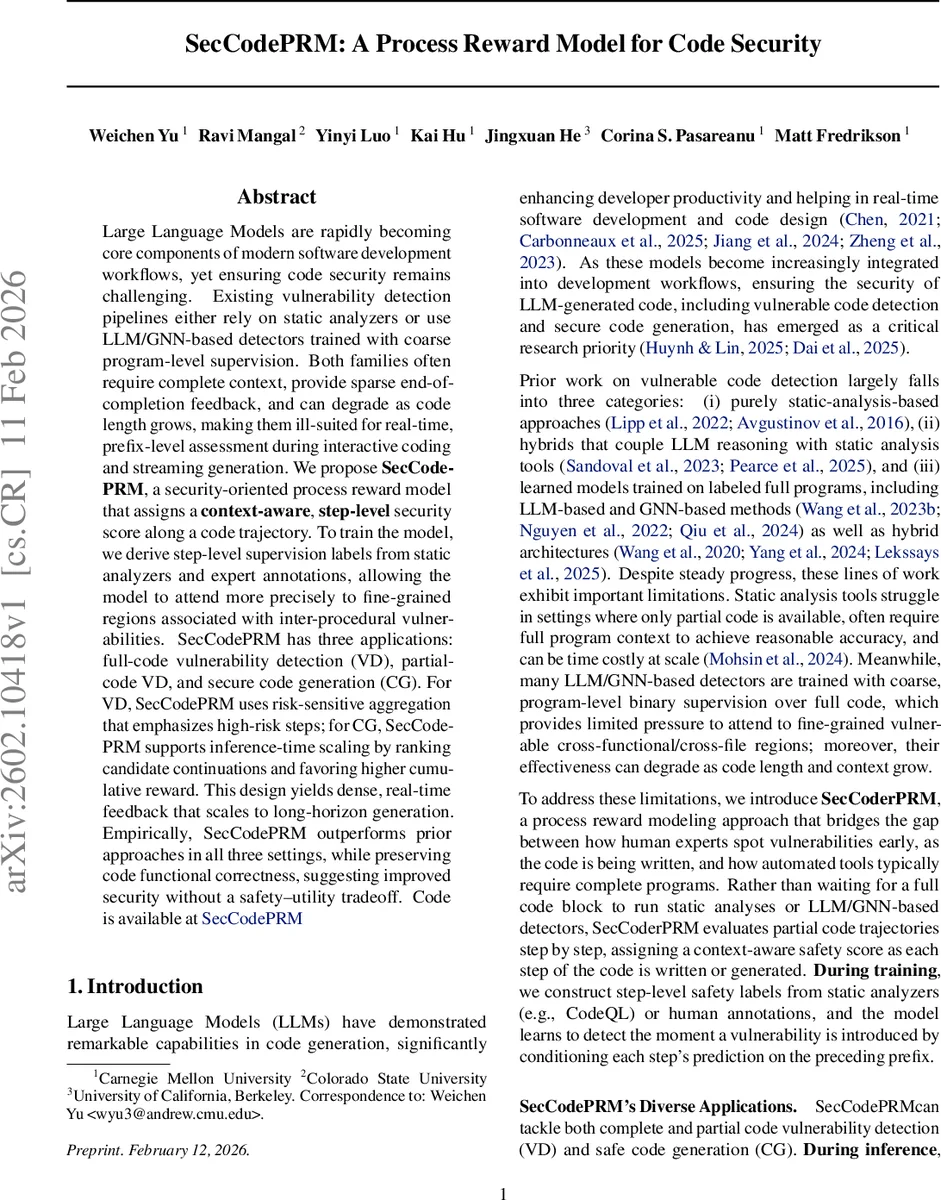 SecCodePRM: A Process Reward Model for Code Security