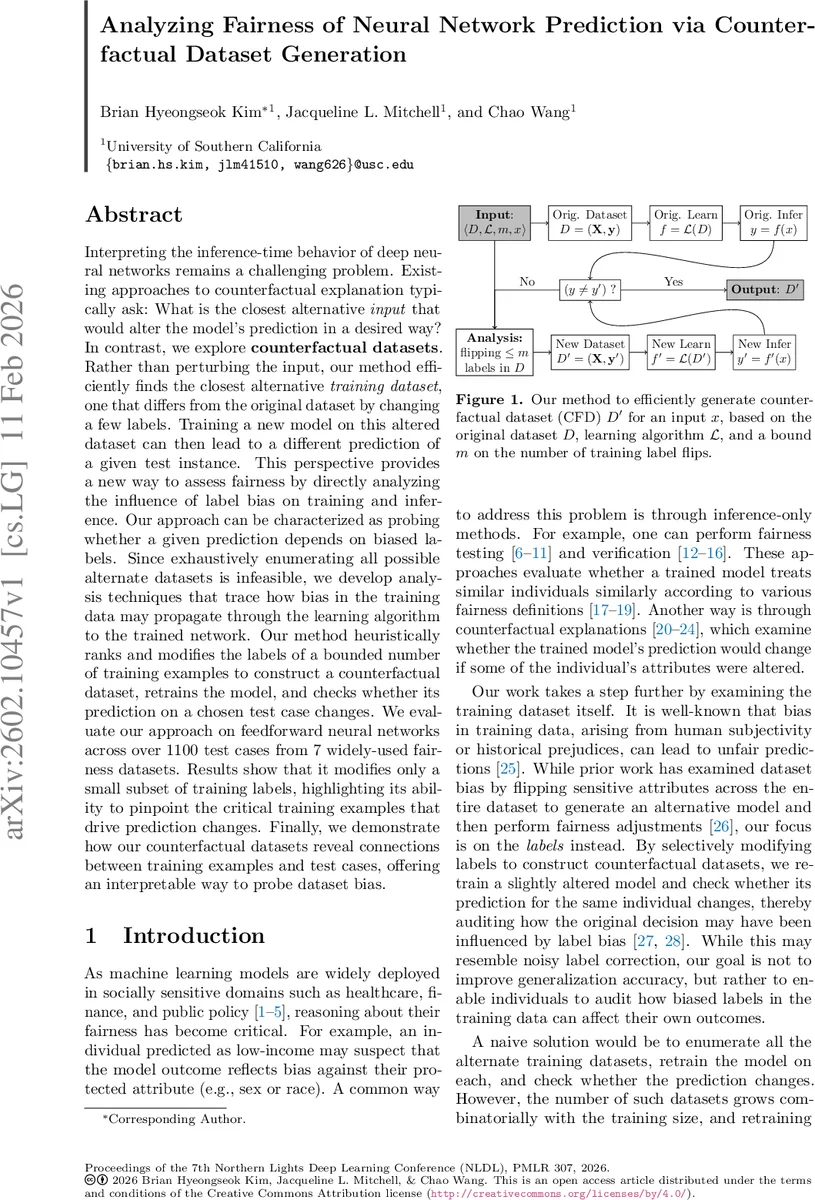 Analyzing Fairness of Neural Network Prediction via Counterfactual Dataset Generation