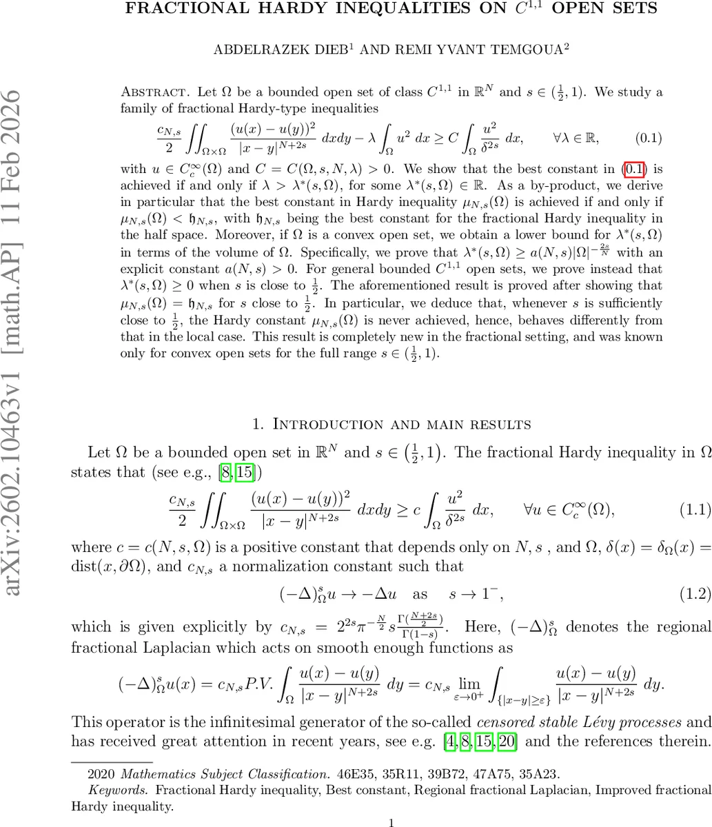 Fractional Hardy inequalities on $C^{1,1}$ open sets