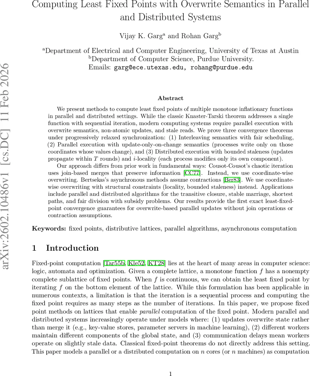 Computing Least Fixed Points with Overwrite Semantics in Parallel and Distributed Systems