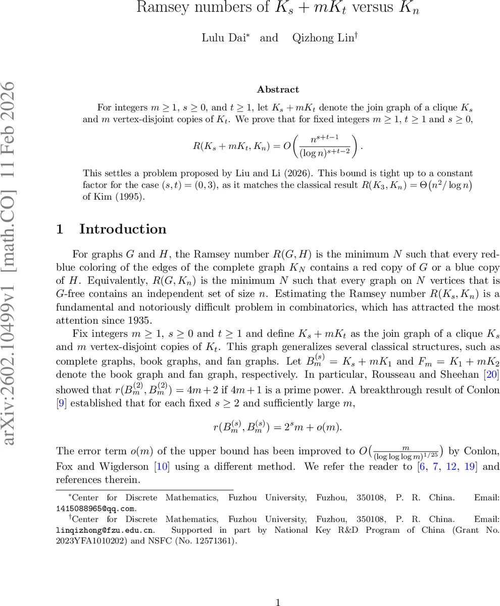 Ramsey numbers of K_s + mK_t versus K_n