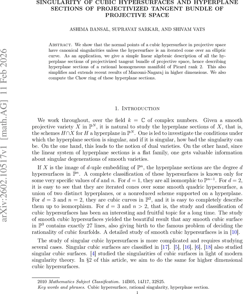 Singularity of cubic hypersurfaces and hyperplane sections of projectivized tangent bundle of projective space