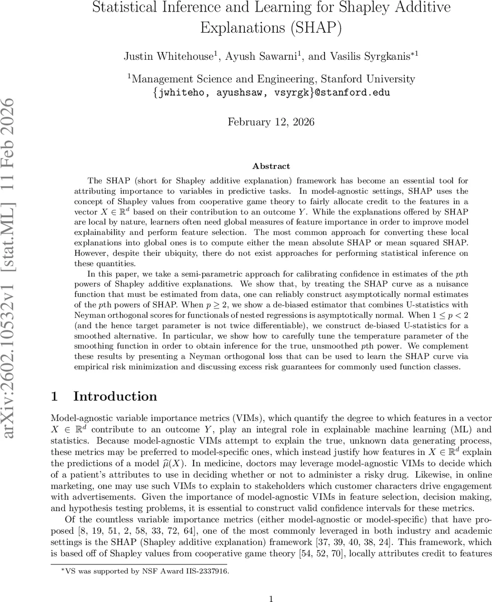 Statistical Inference and Learning for Shapley Additive Explanations (SHAP)