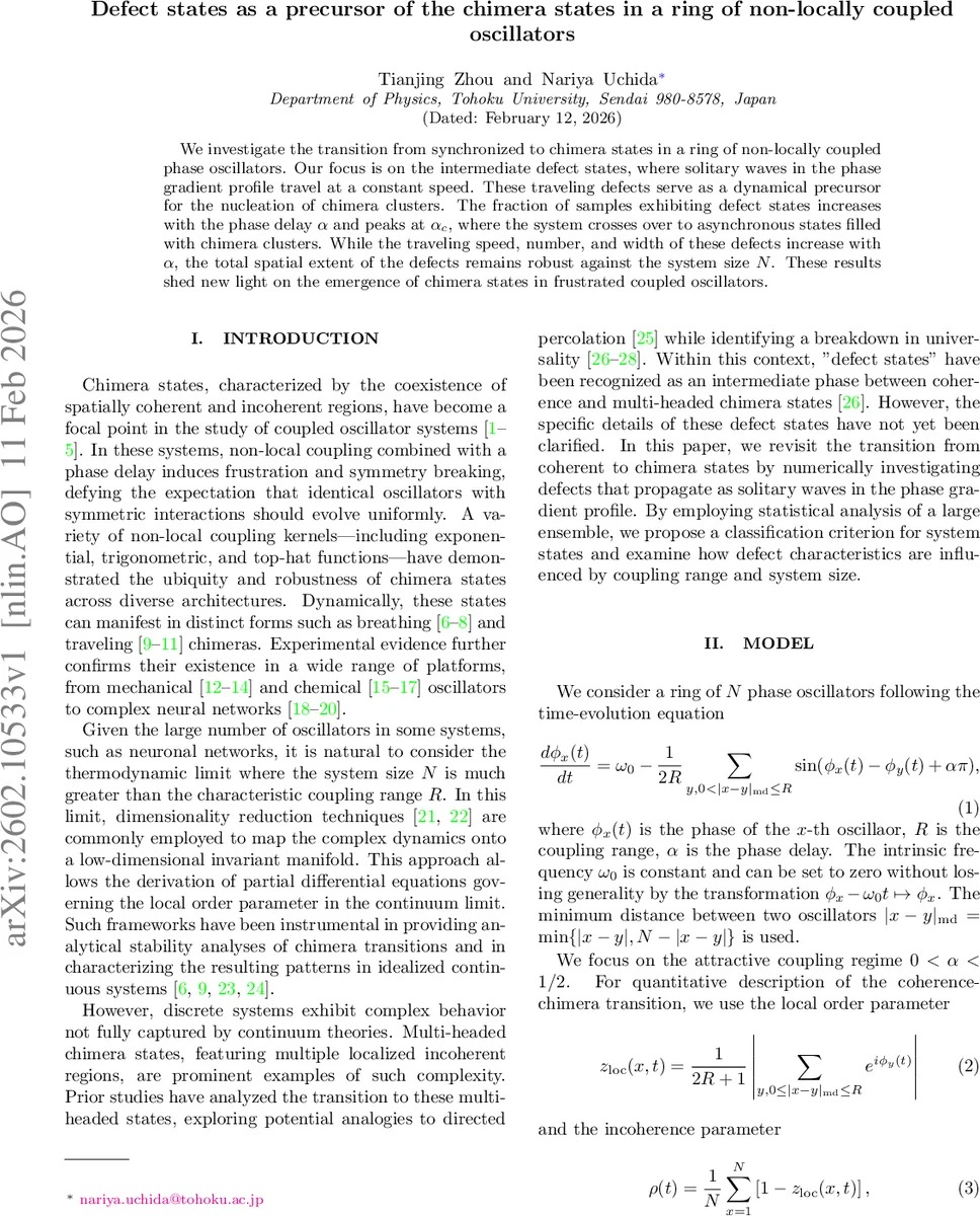 Defect states as a precursor of the chimera states in a ring of non-locally coupled oscillators