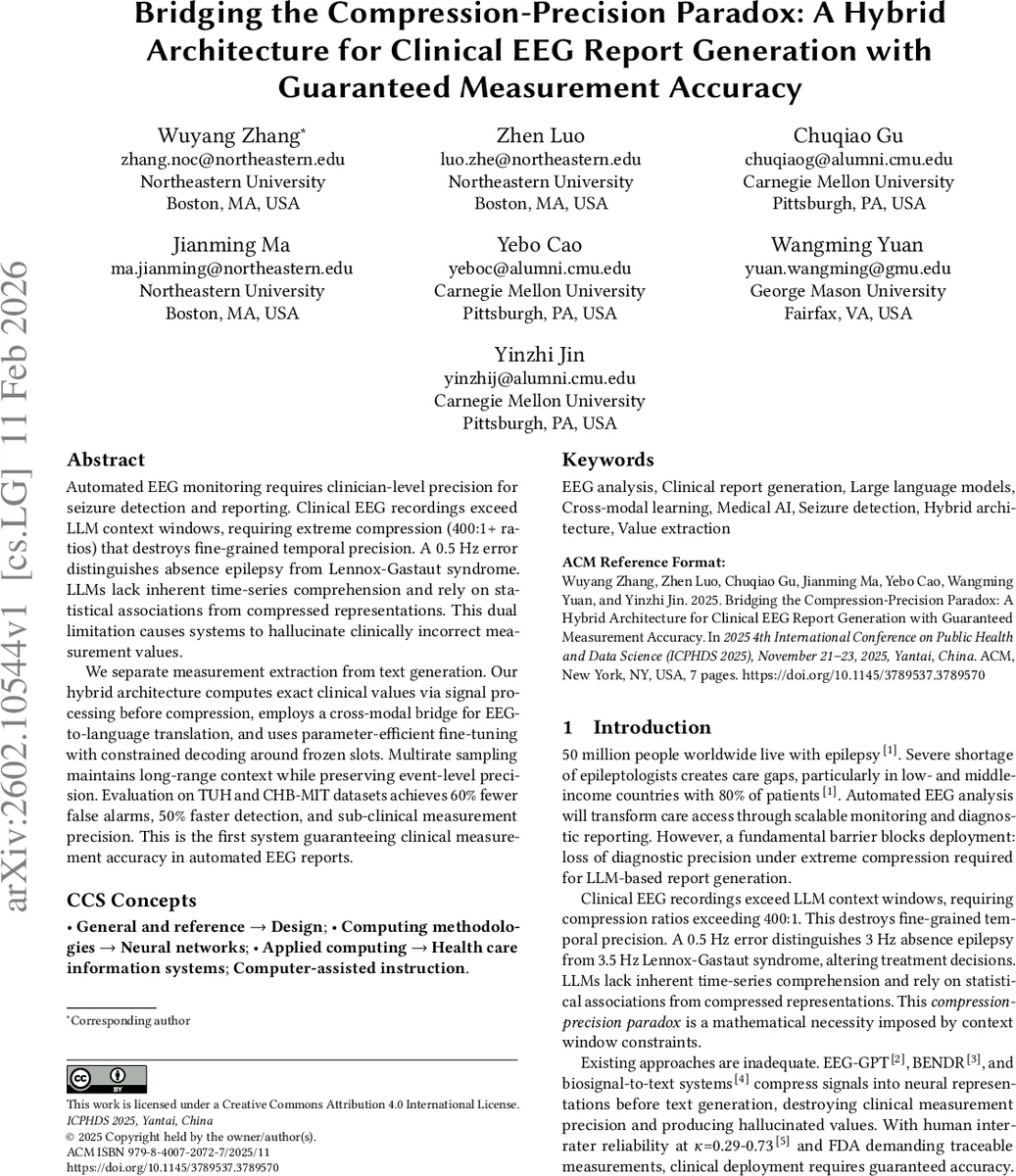 Bridging the Compression-Precision Paradox: A Hybrid Architecture for Clinical EEG Report Generation with Guaranteed Measurement Accuracy