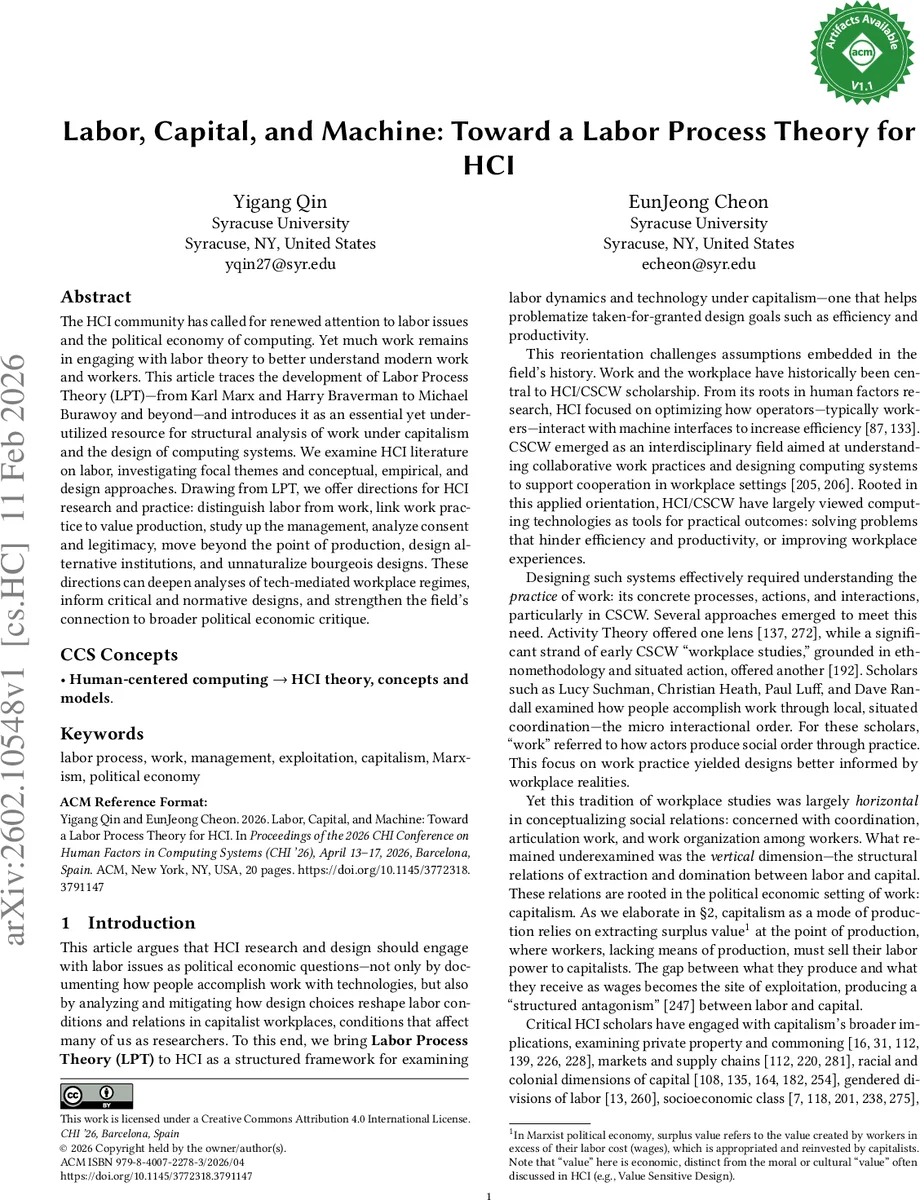 Labor, Capital, and Machine: Toward a Labor Process Theory for HCI