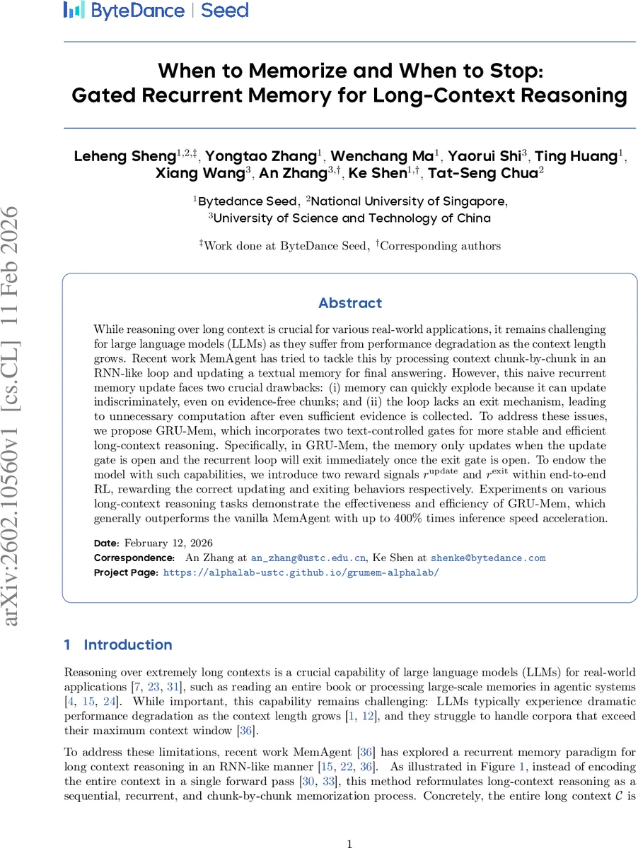 When to Memorize and When to Stop: Gated Recurrent Memory for Long-Context Reasoning