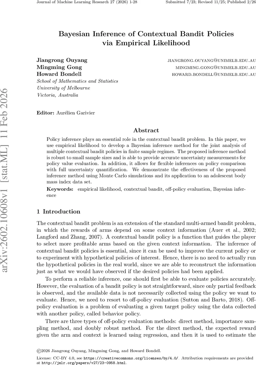 Bayesian Inference of Contextual Bandit Policies via Empirical Likelihood