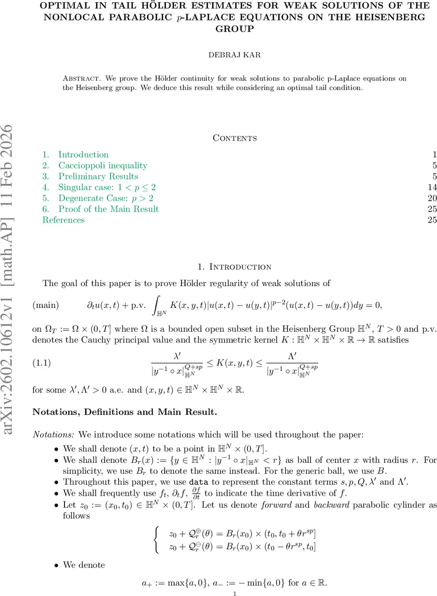 Optimal in tail Hölder estimates for weak solutions of the nonlocal parabolic p-Laplace equations on the Heisenberg group