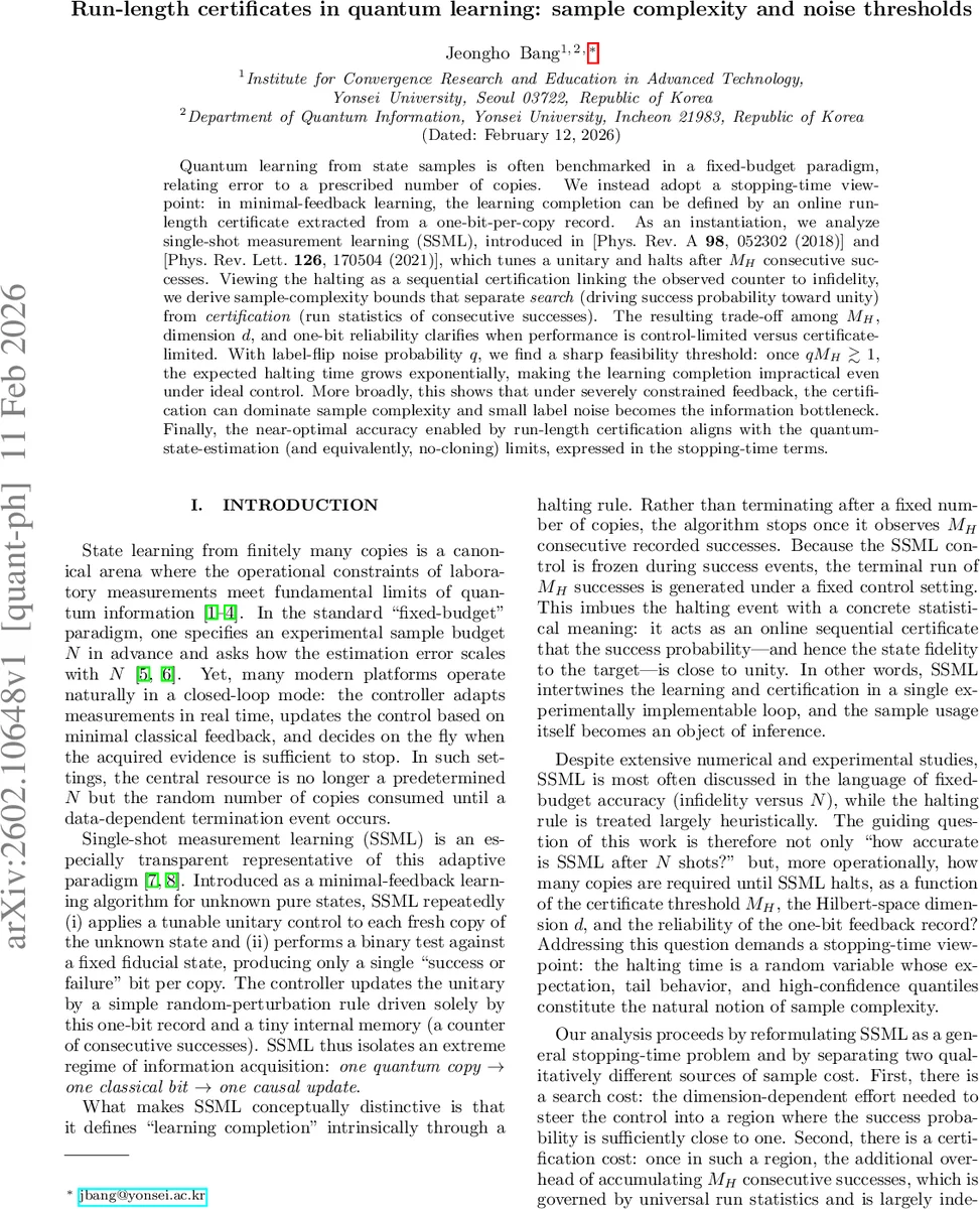 Run-length certificates in quantum learning: sample complexity and noise thresholds