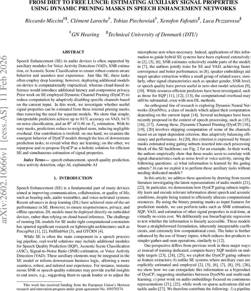 From Diet to Free Lunch: Estimating Auxiliary Signal Properties using Dynamic Pruning Masks in Speech Enhancement Networks