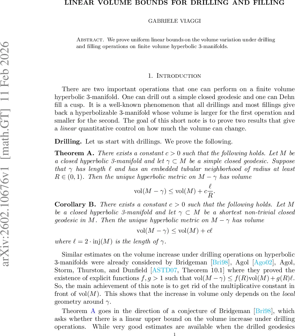 Linear volume bounds for drilling and filling