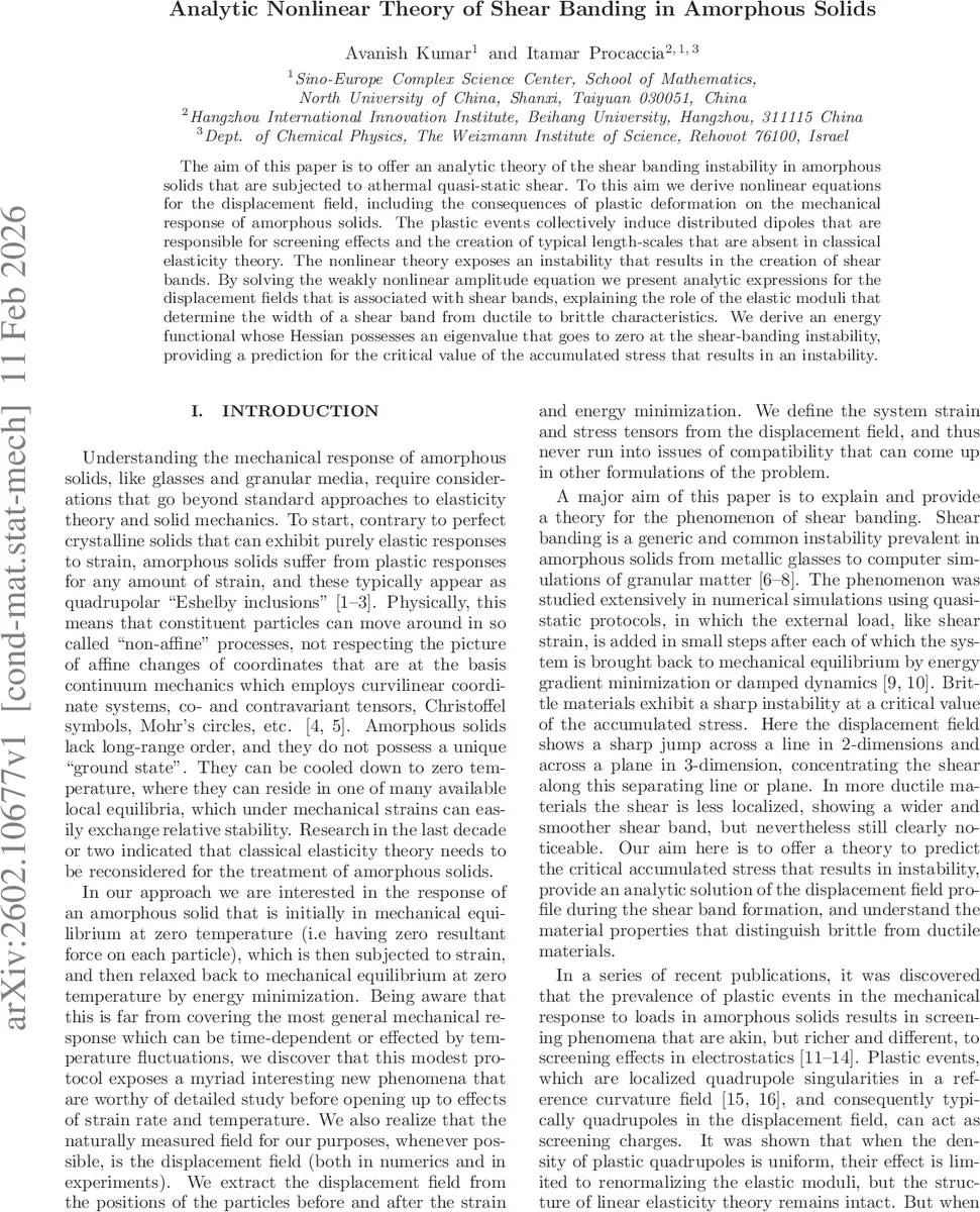 Analytic Nonlinear Theory of Shear Banding in Amorphous Solids